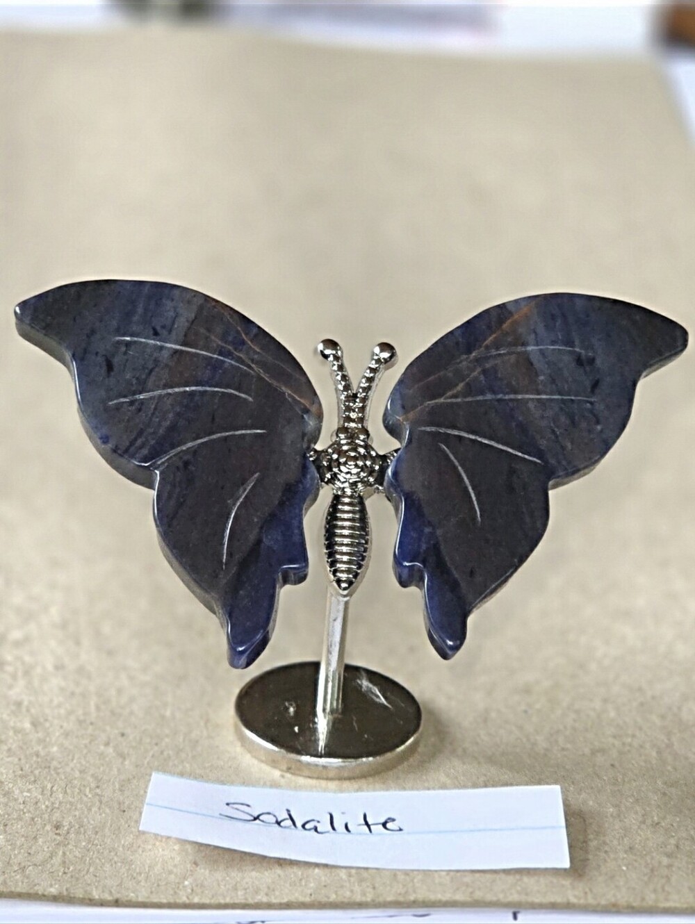 Sodalite Crystal Butterfly Stone Figurine with Silver Accent